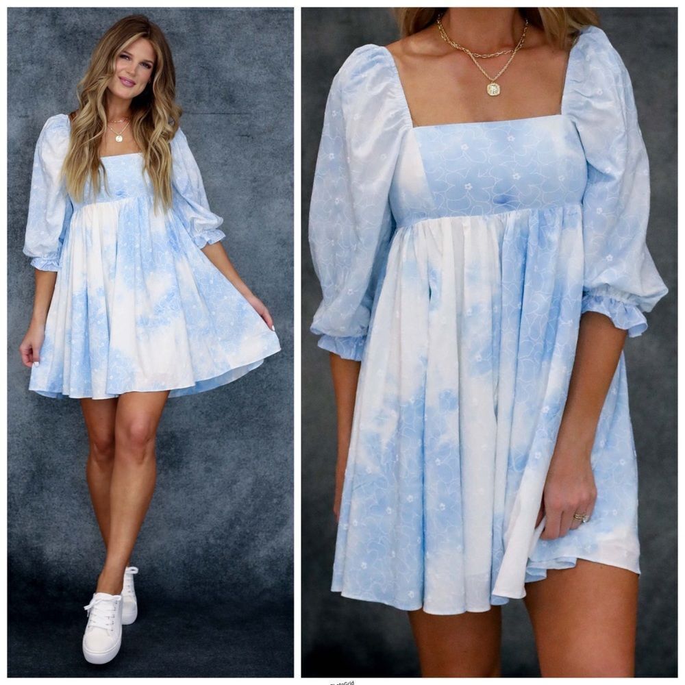Storia Sky Baby Blue Puff Sleeve Babydoll Mini Dress